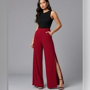 Burgundy Split Thigh Wide Leg Pants